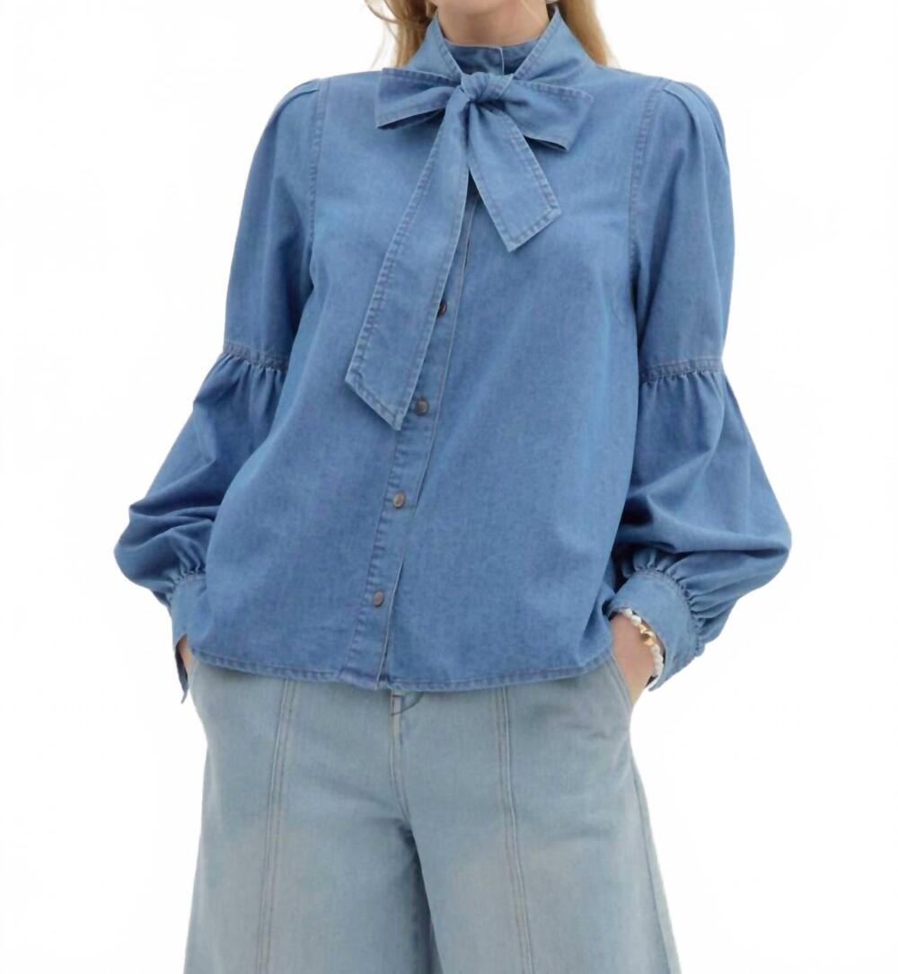 NEW ENTRO bow tie blouse with ruched long sleeves in light denim